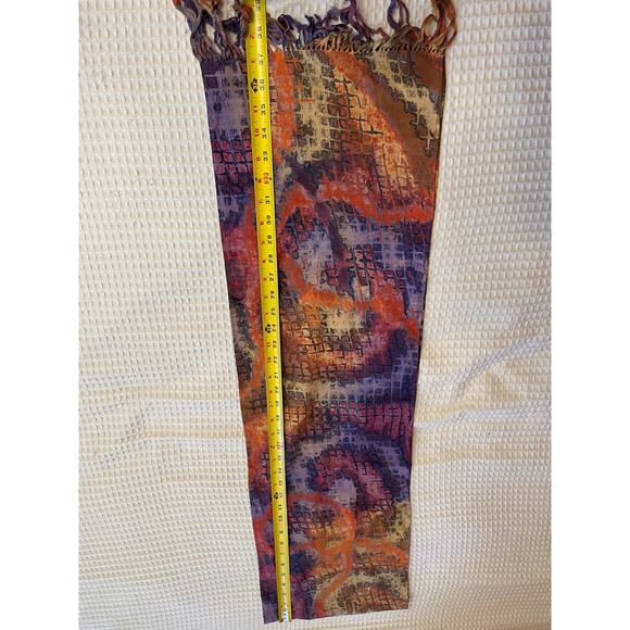 Bohemian Abstract Purple & Orange Printed Long Neck Scarf With Fringe 74”x10.5” - Picture 6 of 6